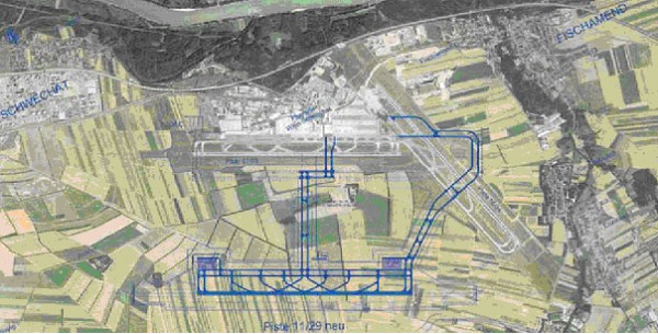 Lage der 3. Piste: Deutlich sichtbar die zwei vorhandenen Pisten, ergänzt durch eine Planskizze für die Lage einer 3. Piste wie sie im Mediationsverfahren definiert wurde. Abstand zur „alten“ 11/29 : 2,4 km.